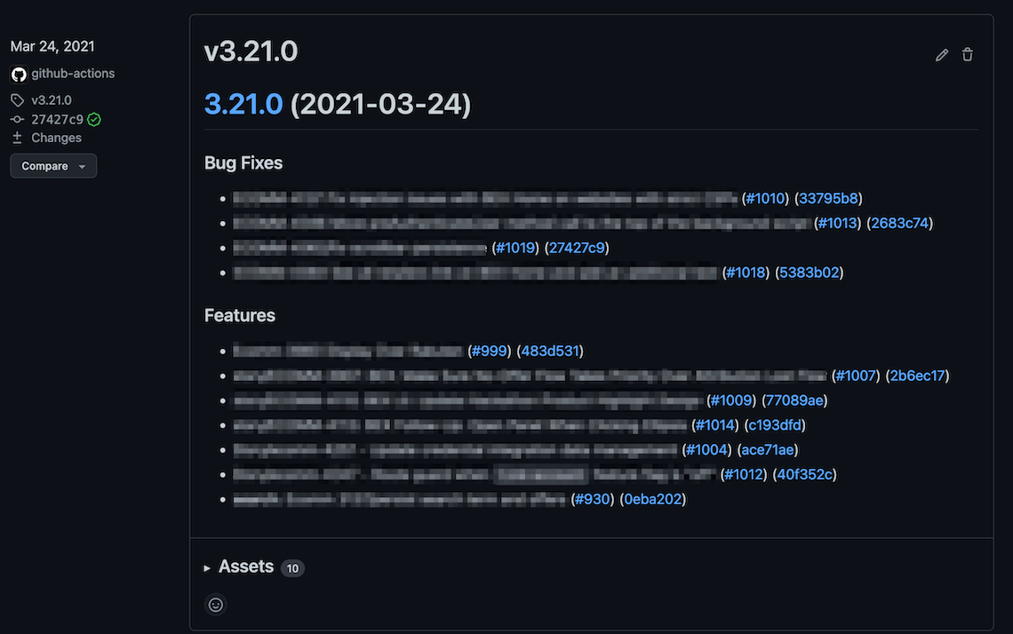 an categorized changelog containing a list of bugfixes and features released with version 3.21.0