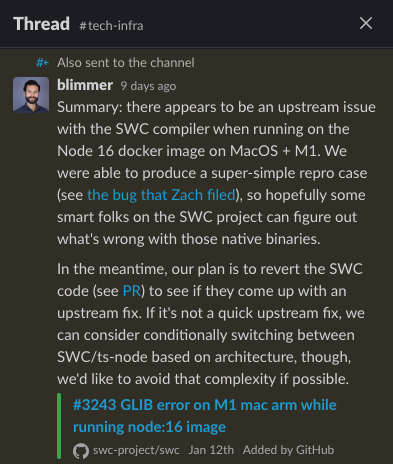a Slack message with containing a summary of the thread that was also sent back to the main channel