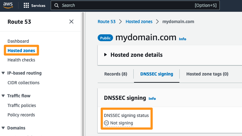 AWS Console viewing "Hosted Zones" with the "DNSSEC Signing Status" section highlighted