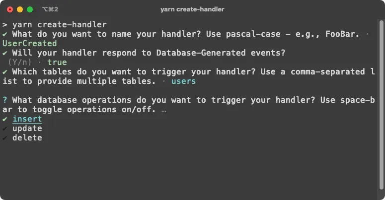A hygen code generator walking the user through creating a new EventBridge target