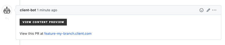 a bot user posting the URL to view the content preview to the GitHub pull request comment feed