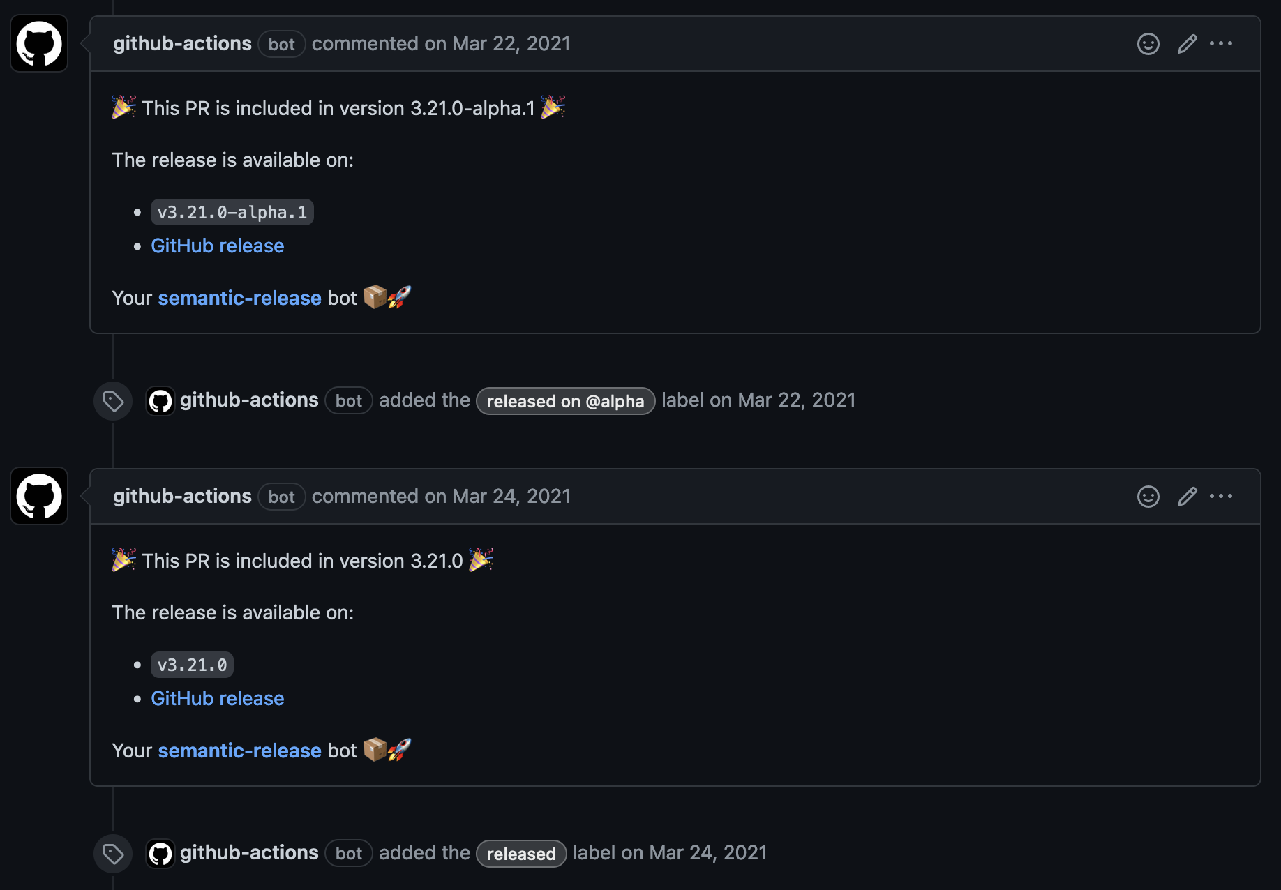 a GitHub pull request comment stating that it was included in a preview (3.21.0-alpha.1) release and a production (3.21.0) release